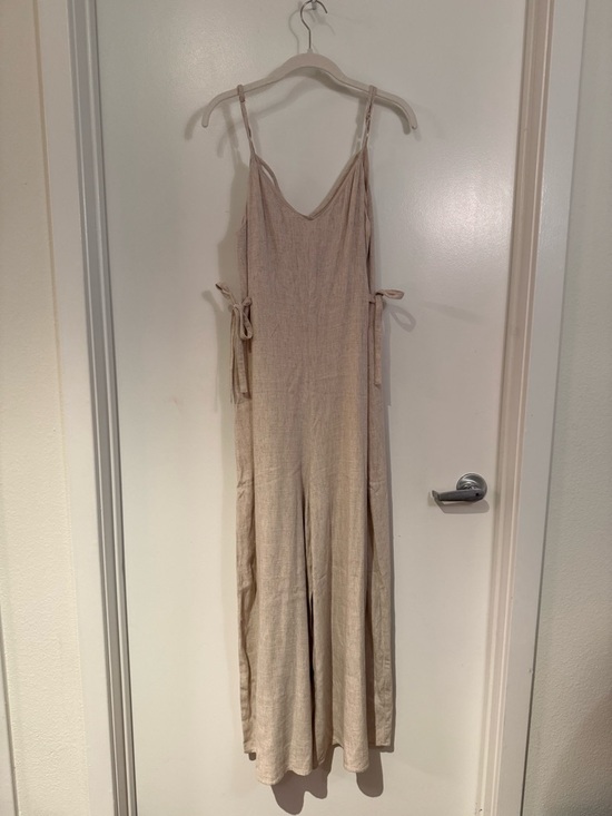 Fashion On Earth Pants - Beige Linen-Blend Sleeveless Jumpsuit with Side Ties